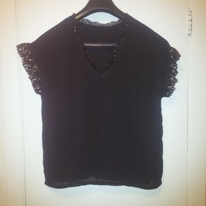 Sequin Butterfly Short Sleeve V-Neck Shirt Blouse Top Tee Black sz 2